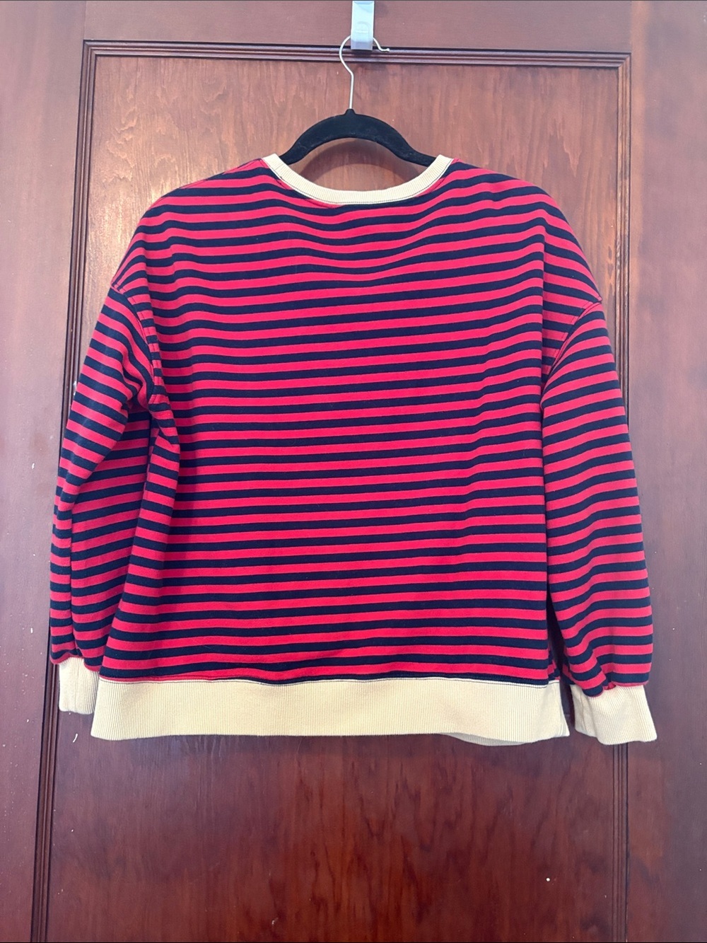 Women’s Red and Navy Striped Crewneck Sweatshirt with Khaki Trim - Picture 5 of 7